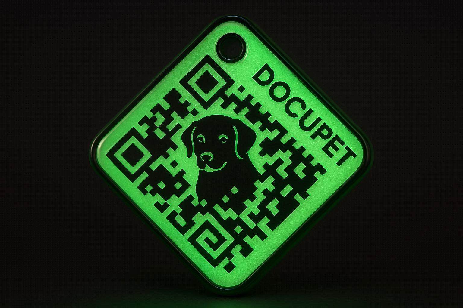 LunaTag glowing in the dark on a dog collar